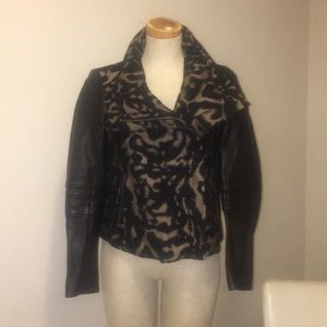 Metallic leopard print leather sleeve moto jacket